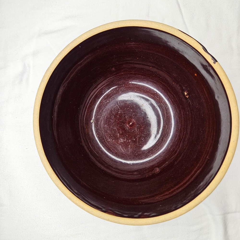Vintage USA 8 Inch Banded Stoneware Mixing Bowl Brown Blue Tan Ribbed Pottery